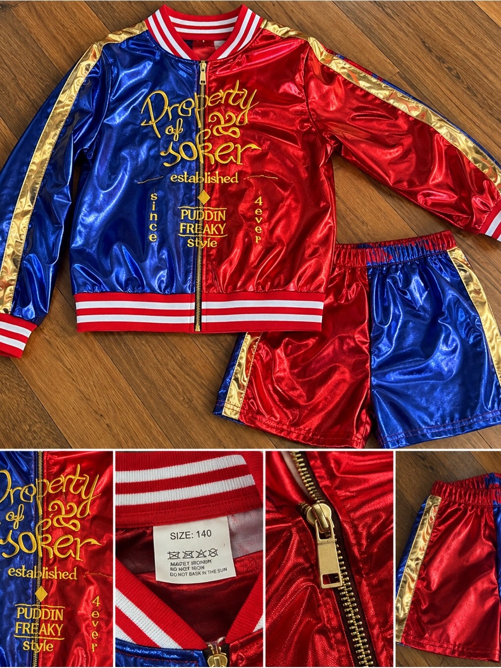 Kids Harley-Inspired Red & Blue Joker Bomber Jacket and Shorts Costume